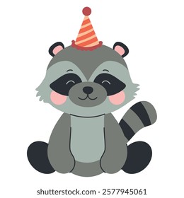 Happy raccoon wearing a festive party hat