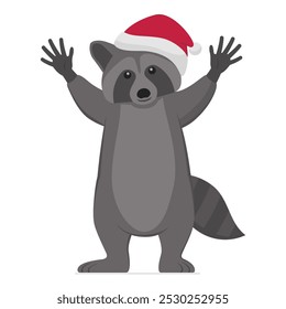 Happy raccoon wearing a Santa hat and celebrating with arms raised, Christmas and pets concept