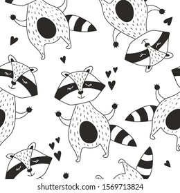 Happy raccoons, hearts, hand drawn backdrop. Seamless pattern with animals. Decorative cute wallpaper, good for printing. Overlapping background vector. Design illustration