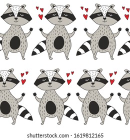 Happy raccoons, hearts, hand drawn backdrop. Colorful seamless pattern with animals. Decorative cute wallpaper, good for printing. Overlapping background vector. Design illustration
