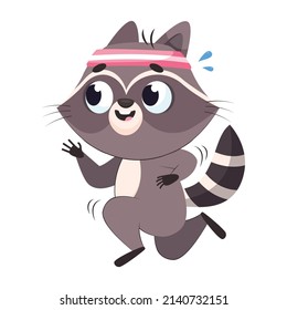 Happy Racoon Running Cartoon Vector Illustration. Pretty Mammal With Furry Tail And Headband Doing Physical Activity On White Background. Wildlife Animal, Sport Concept