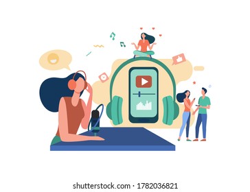 Happy radio host in headset speaking at microphone on air. People with smartphones listening to radio podcast. Radio broadcasting, communication, mass media concept.