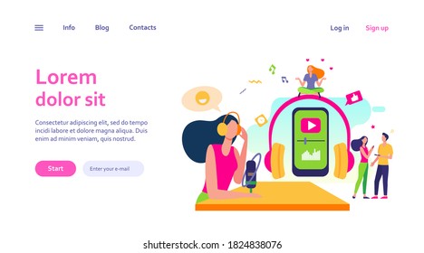 Happy radio host in headset speaking at microphone on air. People with smartphones listening to radio podcast. Radio broadcasting, communication, mass media concept.