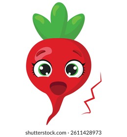 Happy radish with green leaves and wide eyes Vibrant vegetable character perfect for nutrition visuals, farming projects, and playful food illustrations