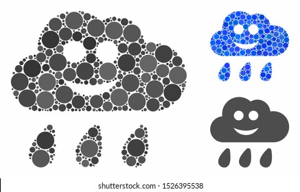Happy rain cloud mosaic for happy rain cloud icon of circle elements in various sizes and color tones. Vector round elements are united into blue mosaic.