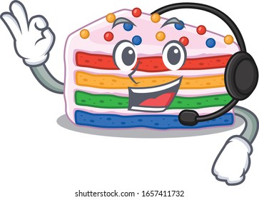 Happy rainbow cake mascot design style wearing headphone
