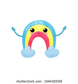 Happy rainbow character with smiling face and hands up. Colorful weather emoji. Cartoon flat vector element for children book, mobile game or print