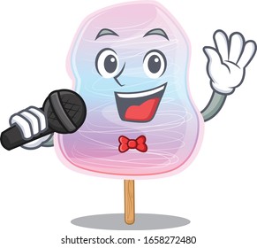 Happy rainbow cotton candy singing on a microphone