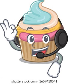 Happy rainbow cupcake mascot design style wearing headphone