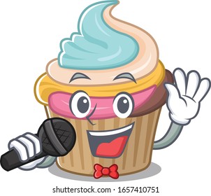 Happy rainbow cupcake singing on a microphone