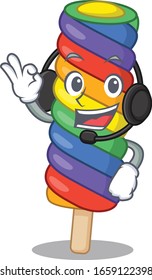 Happy rainbow ice cream mascot design style wearing headphone