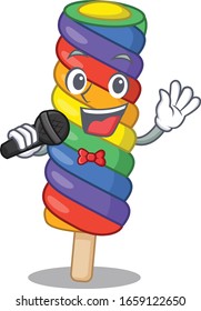 Happy rainbow ice cream singing on a microphone