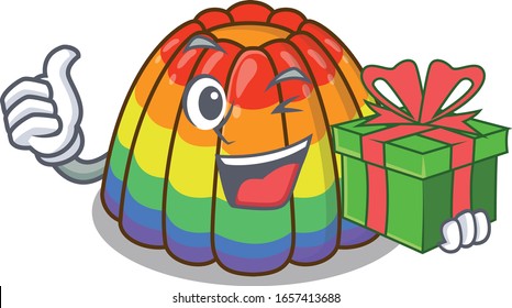 Happy rainbow jelly character having a gift box
