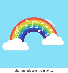Happy rainbow with music note isolated on background. Vector illustration. Eps 10.