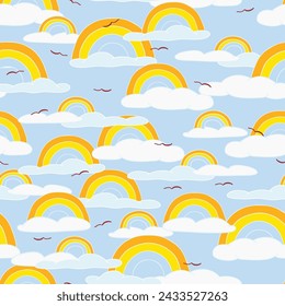 Happy Rainbows and White Clouds on Blue Background Seamless Pattern 