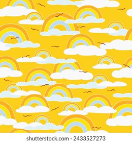 Happy Rainbows and White Clouds on Yellow Background Seamless Pattern 