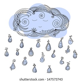 Happy raindrops with sleepy cloud cartoon illustration