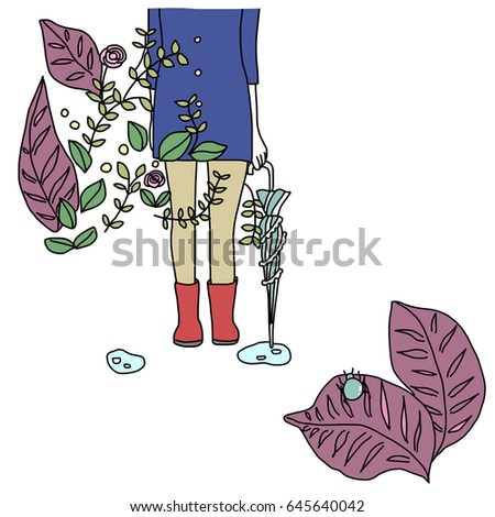 Happy rainy day concept with cropped image of cute woman wearing rain coat and rain boots with folded umbrella standing behind ivy plants. Vector illustration with hand-drawn style.