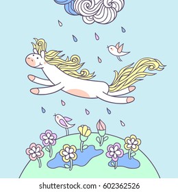 Happy rainy day. Sweet little pony is jumping under a shower on the grass hill and funny bird follow her. Cute animal character for kids design. Perfect for season greeting card and poster. 