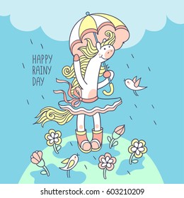 Happy rainy day. Sweet little pony in tutu skirt and rain boots with umbrella is standing under a shower on the grass hill and funny bird fly to her. Cute animal character for kids season design. 