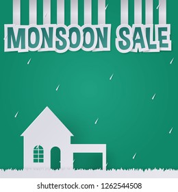 Happy Rainy Season Sale Discount Banner, poster or flyer template. green background. paper cut art style design with white raining drops, house, grass and monsoon sale text. Vector Illustration.