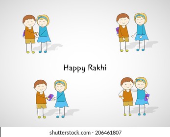 Happy Rakhi celebrations concept with cute brother and sister in various moments on grey background. 