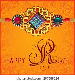 Happy Rakhi greeting card for indian holiday Raksha Bandhan with original handmade bangle with gold and jewel on floral orange background, vector illustration