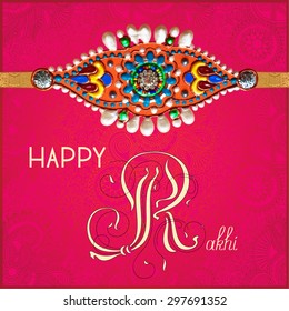 Happy Rakhi greeting card for indian holiday Raksha Bandhan with original handmade bangle with gold and jewel on floral light background, vector illustration