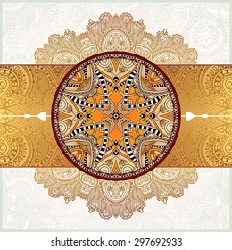 Happy Rakhi greeting card for indian holiday Raksha Bandhan with original ornamental bangle on floral light background, vector illustration