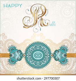 Happy Rakhi greeting card for indian holiday Raksha Bandhan with original ornamental bangle on floral light background, vector illustration