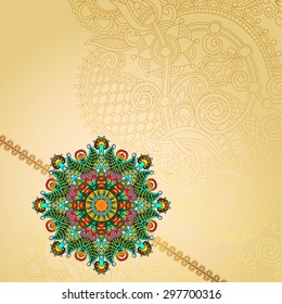 Happy Rakhi greeting card for indian holiday Raksha Bandhan with original ornamental bangle on floral light background, vector illustration