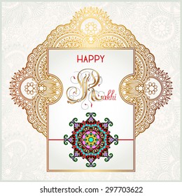 Happy Rakhi greeting card for indian holiday Raksha Bandhan with original ornamental bangle on floral light background, vector illustration