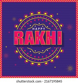 Happy Rakhi Lettering And Dotted Bursting On Blue Wavy Stripe Background.