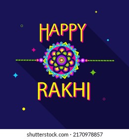 Happy Rakhi Lettering With Rakhi (Wristband) On Blue Background.