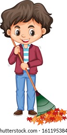 Happy raking leaves on white background illustration