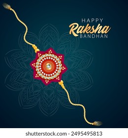  Happy Raksha Bandhan card with a single Rakhi featuring a gold flower design and central diamond the blue background has a golden floral pattern and the text reads Happy Raksha Bandhan