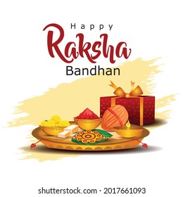 Happy Raksha Bandhan celebration concept. Beautiful decorated Thali, plate with Rakhi, Sweet and Earthen Lamp. vector illustration	