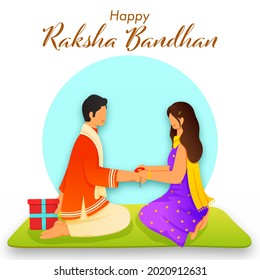 Feliz Concepto De La Celebración De Raksha Bandhan Con Una Joven Atando Rakhi En Su Hermano Ilustración De Escritura.