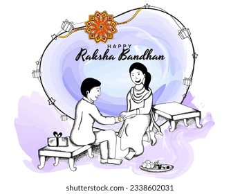 Happy Raksha Bandhan Celebration Concept with Doodle Style Illustration of Sister Tying Rakhi to Her Brother on Abstract Watercolor Effect Background.