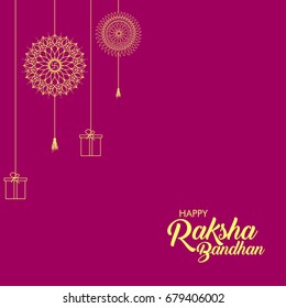 Happy Raksha Bandhan celebration greeting card with hanging yellow linear rakhi and gift boxes.