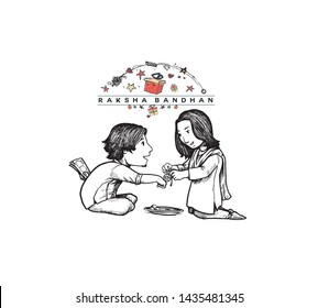 Happy Raksha Bandhan celebration Poster. Beautiful frame with illustration of cute little sister and brother. Hand Draw Sketch Design Illustration.