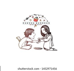 Happy Raksha Bandhan celebration Poster. Beautiful frame with illustration of cute little sister and brother. Hand Draw Sketch Design Illustration.