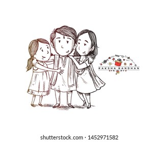Happy Raksha Bandhan celebration Poster. Beautiful frame with illustration of cute little sister and brother. Hand Draw Sketch Design Illustration.