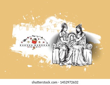 Happy Raksha Bandhan celebration Poster. Subhadra tying Rakhi to Krishna on Raksha Bandhan. Hand Draw Sketch Design Illustration.