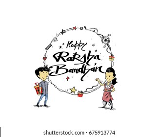 Happy Raksha Bandhan celebration Poster. Beautiful frame with illustration of cute little sister and brother with gift preparing for Rakhi, 