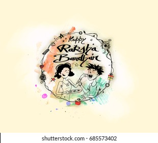 Happy Raksha Bandhan celebration Poster. Beautiful frame with illustration of cute little sister and brother.