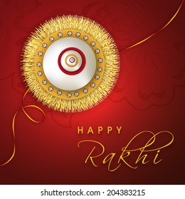Happy Raksha Bandhan celebrations greeting card design with golden and silver rakhi on floral decorated red background. 