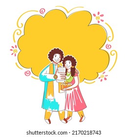 Happy Raksha Bandhan Concept, Cartoon Young Boy Taking Selfie With His Sister On Yellow And White Background.
