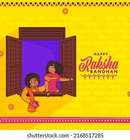 Happy Raksha Bandhan Concept With Cheerful Sister And Brother Watching Outside From Window On Yellow Background.