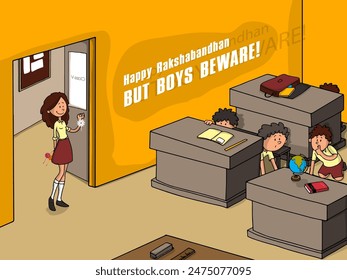 Happy Raksha Bandhan concept with illustration of a girl holding Rakhi for tying, But all boys beware and hiding behind desk in the class.